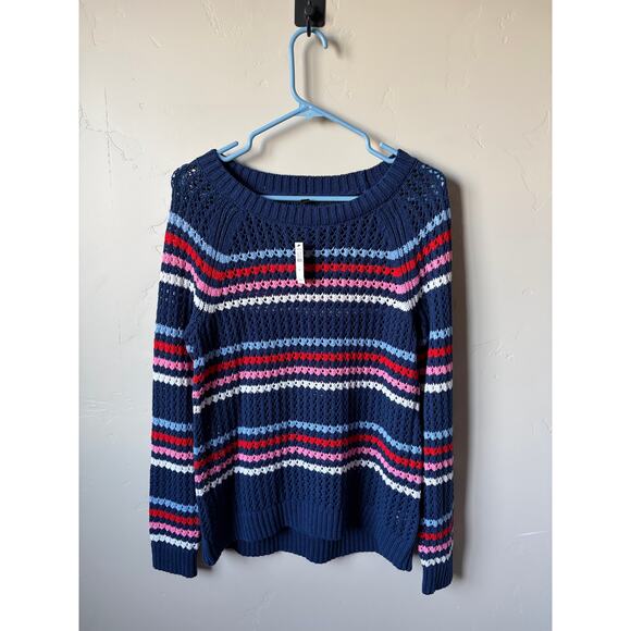 NWT 100% Cotton Talbots Blue/Multi-Colored Striped Open Stitch Crewneck Sweater - Picture 4 of 9